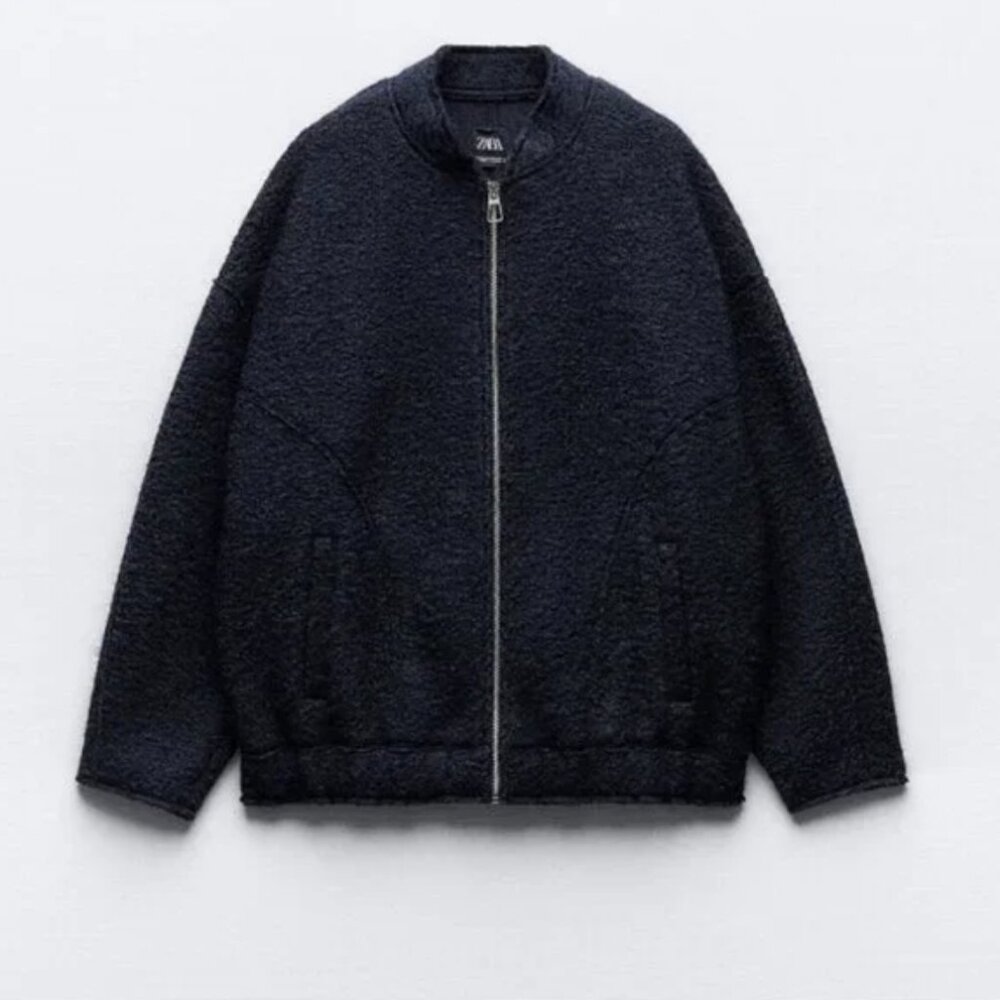 ZARA oversized boucle textured bomber in navy, new with tags, size M/L